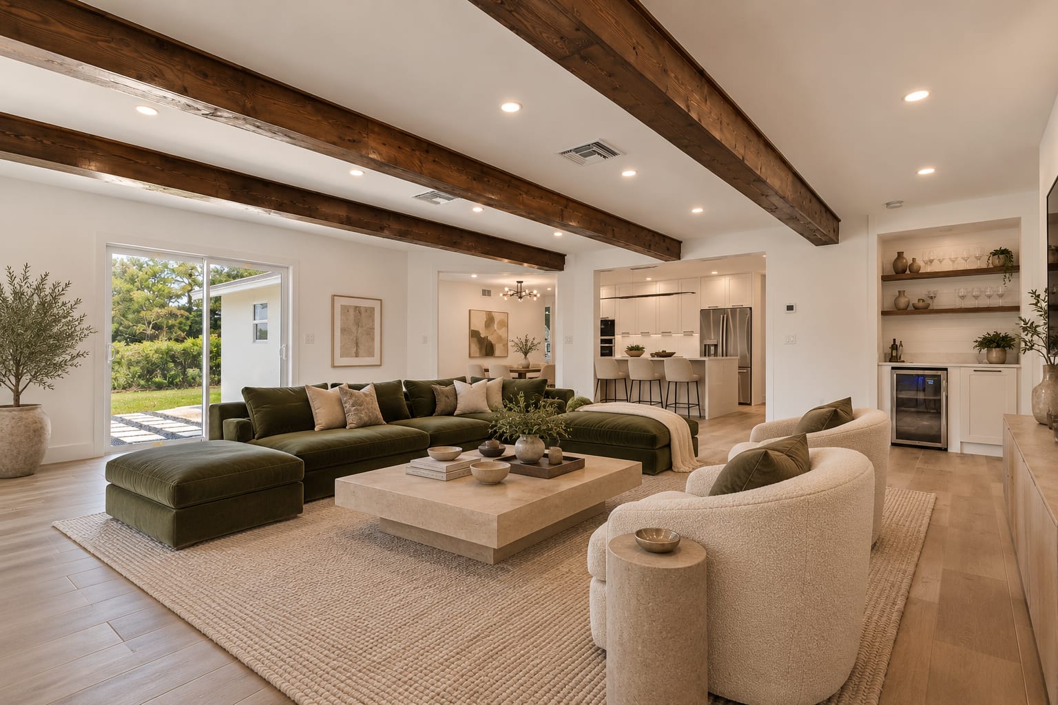 Great room, empty vs. virtually staged after